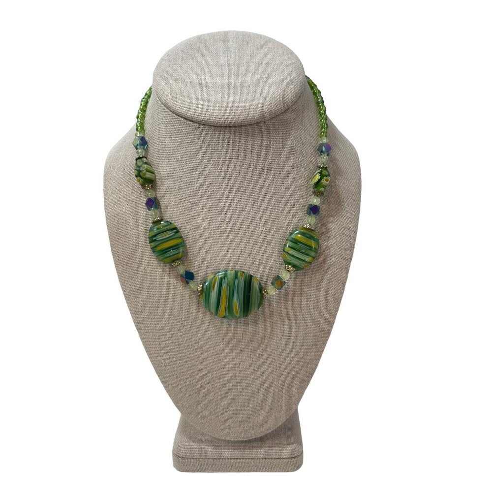 Handcrafted Vintage You and I Green Glass Bead & Stone Necklace With Bronze Chai